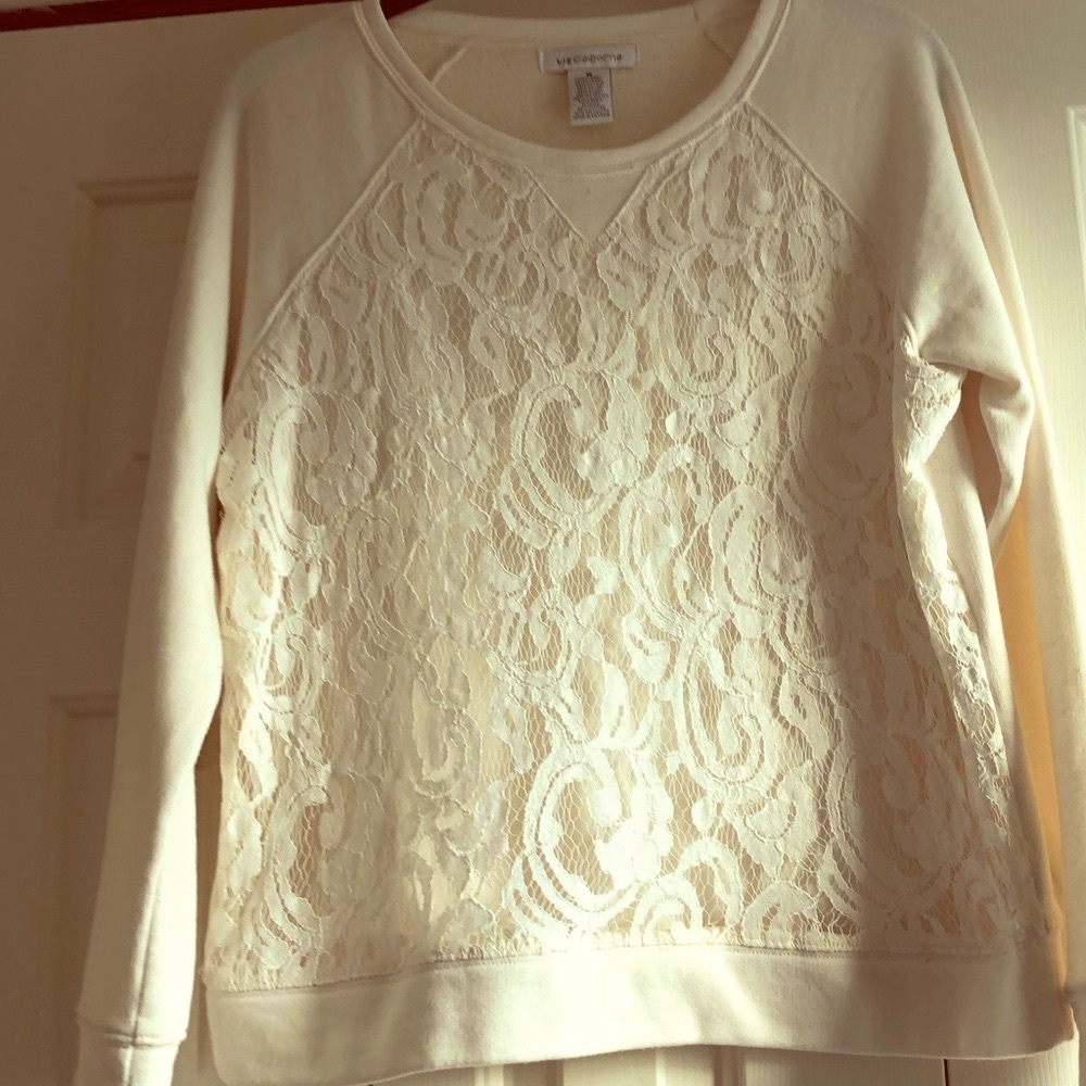 Women’s lightweight crew sweater lace overlay cream Liz Claiborne